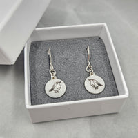 Engraved Robin drop earrings