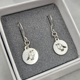 Engraved Robin drop earrings