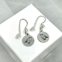 Engraved Robin drop earrings