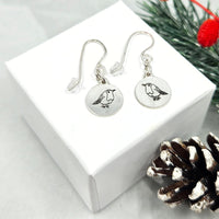 Engraved Robin drop earrings