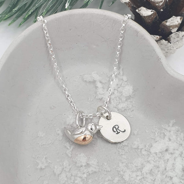 robin necklace with initial disc
