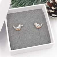 robin stud earrings with rose gold breast
