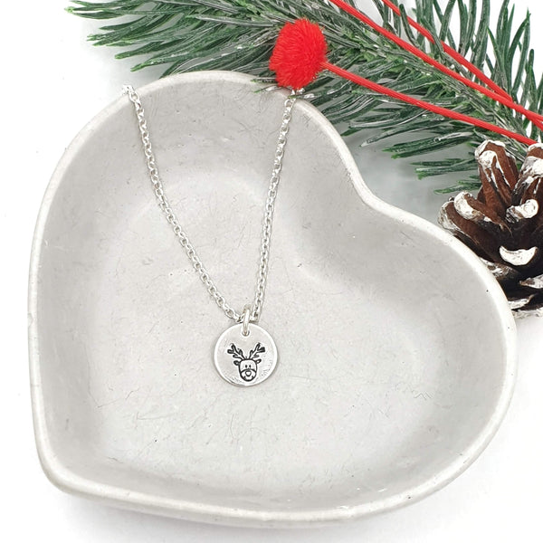silver reindeer disc necklace