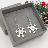 sparkle snowflake drop earrings with swiss blue topaz gemstones
